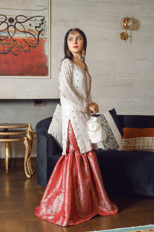 Red & White Gharara Set
