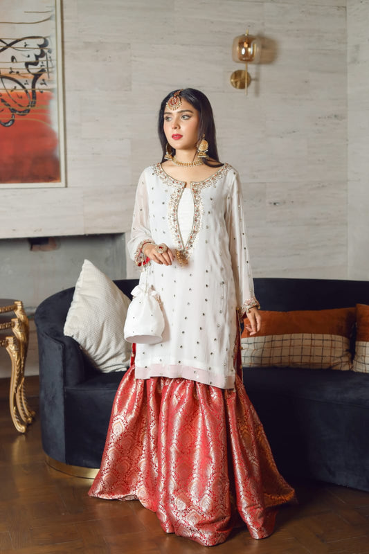Red & White Gharara Set
